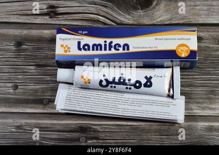 Kairo, Ägypten, 29. September 2024: Lamifen Creme Terbinafin HCL topische Antimykotika, indiziert zur Behandlung von Pilzinfektionen der s Stockfoto
