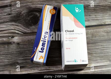 Kairo, Ägypten, 29. September 2024: Topische Antimykotika, Lamifen-Creme Terbinafin HCL und Closol Clotrimazol 10 mg Spray für topische Lösung, für das Trea Stockfoto
