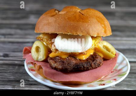 Würziger gebratener Rindfleisch-Burger in einem kochenden Flachöl gekocht mit Tomatenscheiben, Zwiebeln, Mittagessen und eingelegten grünen Oliven-Stücken in Burgerbrötchen, Fast Stockfoto