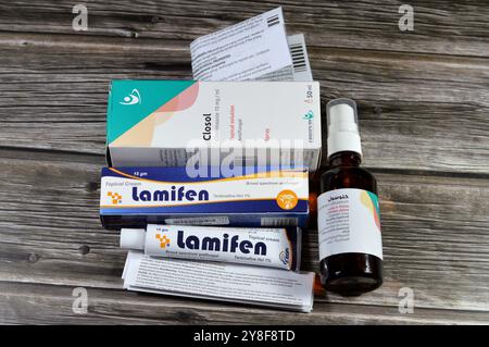 Kairo, Ägypten, 29. September 2024: Topische Antimykotika, Lamifen-Creme Terbinafin HCL und Closol Clotrimazol 10 mg Spray für topische Lösung, für das Trea Stockfoto