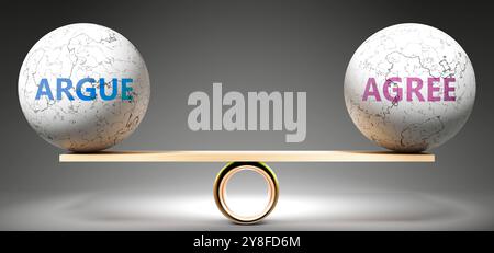Argumentieren und stimmen Sie ausgewogen überein. Eine Metapher, die argumentiert im Gleichgewicht mit zustimmen, symbolisiert eine gewünschte Harmonie zwischen ihnen. Stabilität. Harmonisch und Stockfoto