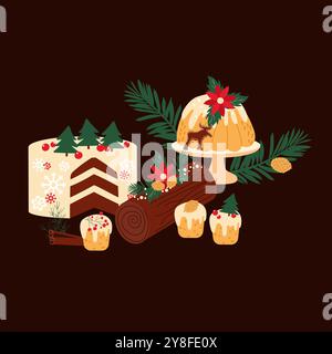 Handgezeichnete traditionelle Weihnachtsdekoration aus Kuchen und Süßigkeiten. Vektorillustration auf dunklem Schokoladenhintergrund Stock Vektor
