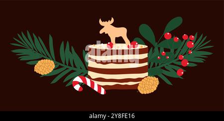Handgezeichneter Weihnachtskuchen mit Zuckerrohr, Lebkuchenhirsch und Tannenzweigen. Stock Vektor