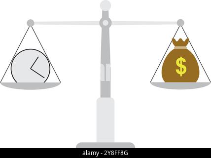 Zeit ist Geld auf Skalen, Symbol. Geld und Zeit Balance auf der Skala. Vector Illustration. Stock Vektor