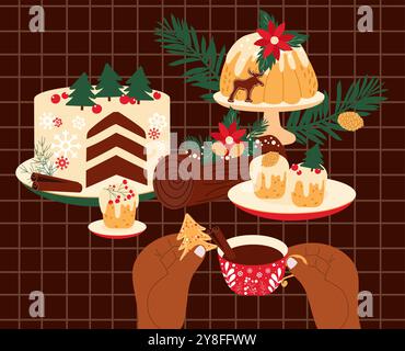 Handgezeichnete Illustration der Weihnachtstee Zeit. Dunkelhäutige Hände halten eine Tasse Tee und Lebkuchen. Traditionelle Winterkuchen und Cupcakes. Vektoril Stock Vektor