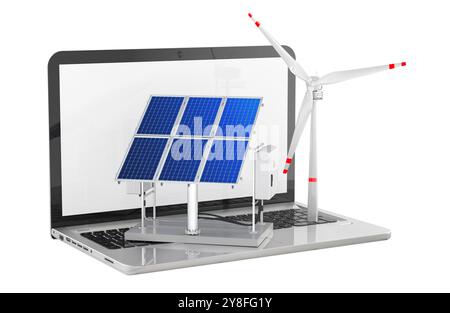 Überwachung und Steuerung von Solarpaneelen und Windturbinen. Laptop mit Solarpaneelen und Windturbinen, 3D-Rendering isoliert auf weißem Hintergrund Stockfoto