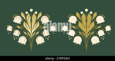 Vektorsatz von Tracery und Silhouette Illustration Lilien des Tales in flachem Stil. Sammlung floraler symmetrischer Arrangements auf Dunkelgrün Stock Vektor