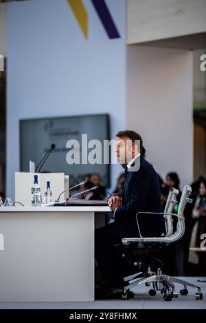 FRANKREICH-FRANKOPHONIE-POLITIK-GIPFEL-DIPLOMATIE Präsident der Französischen Republik Emmanuel Macron am zweiten und letzten Tag des Frankophonie-Gipfels im Grand Palais. Paris, 5. Oktober 2024. PARIS ILE-DE-FRANCE FRANKREICH URHEBERRECHT: XANDREAXSAVORANIXNERIX FRANCE-FRANCOPHONIE-POLITICS-TOP ASAVORANINERI-8 Stockfoto