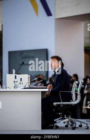 FRANKREICH-FRANKOPHONIE-POLITIK-GIPFEL-DIPLOMATIE Präsident der Französischen Republik Emmanuel Macron am zweiten und letzten Tag des Frankophonie-Gipfels im Grand Palais. Paris, 5. Oktober 2024. PARIS ILE-DE-FRANCE FRANKREICH URHEBERRECHT: XANDREAXSAVORANIXNERIX FRANCE-FRANCOPHONIE-POLITICS-TOP ASAVORANINERI-9 Stockfoto