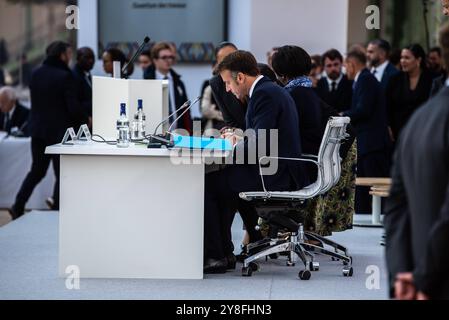 FRANKREICH-FRANKOPHONIE-POLITIK-GIPFEL-DIPLOMATIE Präsident der Französischen Republik Emmanuel Macron am zweiten und letzten Tag des Frankophonie-Gipfels im Grand Palais. Paris, 5. Oktober 2024. PARIS ILE-DE-FRANCE FRANKREICH URHEBERRECHT: XANDREAXSAVORANIXNERIX FRANCE-FRANCOPHONIE-POLITICS-TOP ASAVORANINERI-6 Stockfoto