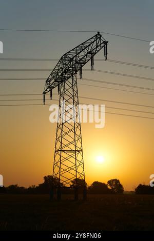 Atmospheric sunrise on a field with a power pole in the early morning in Germany Stock Photo