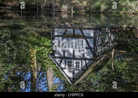 Ein wunderbarer Herbsttag im Siegerland. Das Backhaus am Pfarrteich in Freudenberg-Oberholzklau spiegelt sich im Teich. Herbst im Siegerland am 05.10.2024 in Freudenberg/Deutschland. *** Ein wunderbarer Herbsttag im Siegerland die Bäckerei am Pfarrteich in Freudenberg Oberholzklau spiegelt sich im Teichherbst im Siegerland am 05 10 2024 in Freudenberg wider Stockfoto