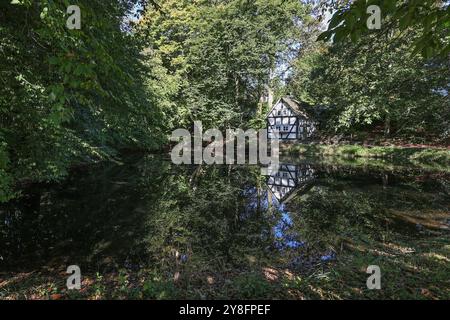 Ein wunderbarer Herbsttag im Siegerland. Das Backhaus am Pfarrteich in Freudenberg-Oberholzklau spiegelt sich im Teich. Herbst im Siegerland am 05.10.2024 in Freudenberg/Deutschland. *** Ein wunderbarer Herbsttag im Siegerland die Bäckerei am Pfarrteich in Freudenberg Oberholzklau spiegelt sich im Teichherbst im Siegerland am 05 10 2024 in Freudenberg wider Stockfoto