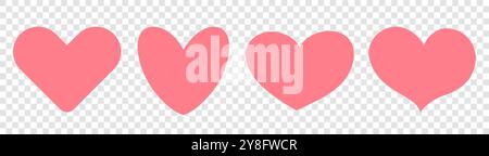 Ein Set aus vier rosafarbenen Herzen in verschiedenen Formen auf transparentem Hintergrund. Rote Herzaufkleber. Stock Vektor