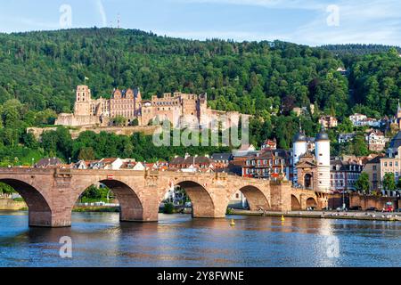 Heidelberg mit Schloss, Neckar und Altstadtbrücke in Heidelberg Stockfoto