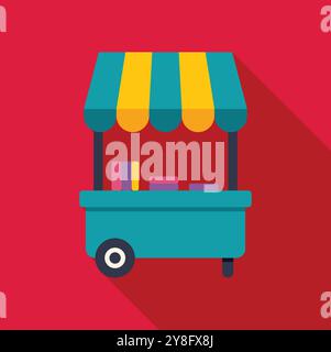 Mobiler Einkaufswagen, der Produkte mit gestreiftem Markise für Verkaufsmarketing mit langem Schatten anzeigt Stock Vektor