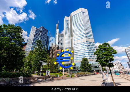 Euro-Zeichen als Symbol für Europa mit Banken Wolkenkratzern Stadt am Willy Brandt Platz in Frankfurt, Deutschland Stockfoto