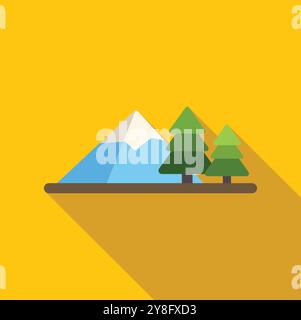 Minimalistische Landschaftsillustration mit einem schneebedeckten Berg und immergrünen Bäumen, die einen langen Schatten auf gelbem Hintergrund werfen Stock Vektor