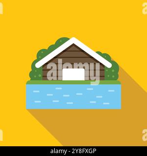 Minimalistische Vektor-Illustration mit einem hölzernen Bootshaus am Ufer eines ruhigen Sees, in einem flachen Design-Stil dargestellt Stock Vektor