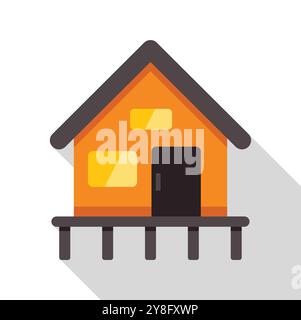 Einfache Vektor-Illustration einer kleinen orangen Holzhütte, die auf Stelzen über Wasser mit einem langen Schatten steht Stock Vektor