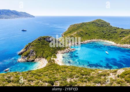 Porto Timoni Strand mit türkisfarbenem Meer Urlaub auf Korfu Insel in Griechenland Stockfoto