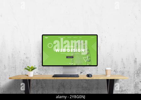 Grüne Web-Design-Konzeptseite, die auf dem Computerbildschirm am Schreibtisch angezeigt wird, mit einem sauberen Hintergrund an der Wand, perfekt für Textwerbung. Umweltfreundliches Design Stockfoto