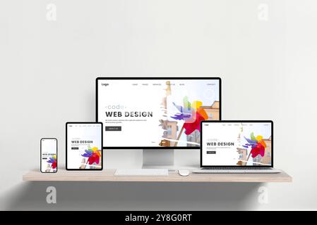 Responsive Web Design Studio Seite wird auf Laptop, Telefon, Tablet und Computer am Schreibtisch angezeigt. Präsentation geräteübergreifender Funktionen und Moder Stockfoto