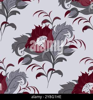 Nahtloses Muster mit roter Rose, Knospen und grauen Blättern. Volksvektor-Illustration mit Blumen. Boutonniere der Rosenblüten. Wunderschöner eleganter Bouquet Stock Vektor