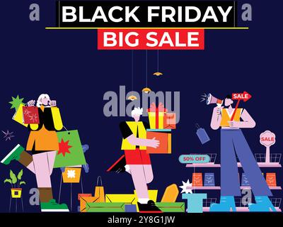 Black Friday Sale Event. Flache Personen mit Einkaufstaschen. Großer Rabatt, Aktionskonzept, Werbeplakat, Banner. Vektorabbildung. Stock Vektor