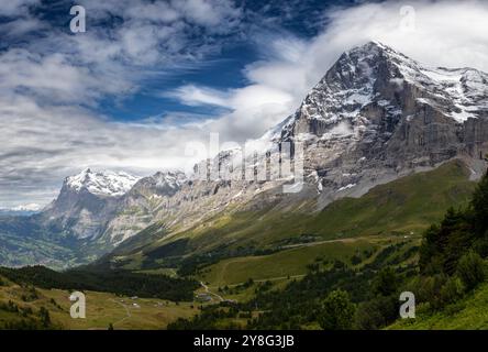 Atemberaubender Blick auf Eiger's Nordwand und Grindelwald Tal von kleine Scheidegg, Grindelwald, Kanton Bern, Schweiz Stockfoto