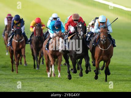 Der Drachenkönig, geritten von William Buick (rechts), gewinnt die Tattersalls October Auction Stakes 150.000 während des Virgin Bet Sun Chariot Day auf der Newmarket Racecourse, Suffolk. Bilddatum: Samstag, 5. Oktober 2024. Stockfoto