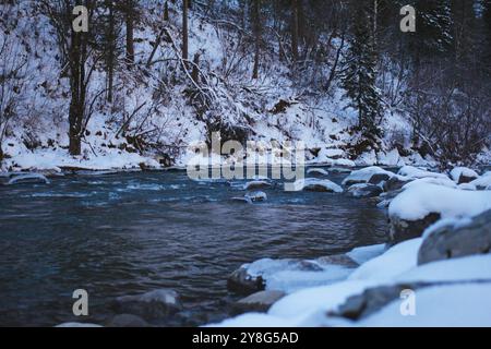 Nahaufnahme eines Gebirgsflusses im Winter, umgeben von einem verschneiten Berghang und Wald. Das kalte Wetter im Altai-Gebirge, Sibirien, Russland. Stockfoto