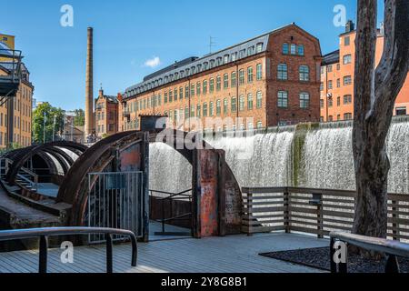 Die alte Industrielandschaft an einem XX. Tag in Norrköping. Norrköping ist eine historische Industriestadt in Schweden. Stockfoto