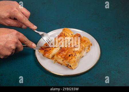 Frisch gebackenes traditionelles Borek Being Cut on Teller – knuspriges Gebäck mit Käsefüllung, perfekt für türkische Küche und mediterrane Lebensmittelkonzepte Stockfoto