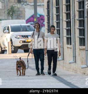 Jerusalem, Israel - 15. August 2024: Zwei junge jüdische orthodoxe Männer und ihre Bulldogge auf einer Jerusalem-Straße. Stockfoto