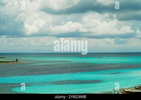 Panoramablick auf den berühmten Strand La Pelosa mit dem mittelalterlichen Wachturm, Alghero, Sardinien, Italien Stockfoto
