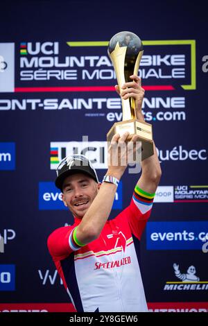 Victor Koretzky aus Frankreich gewann am 4. Oktober 2024 das letzte Rennen des UCI Mountain Bike World Cup in Mont Sainte Anne, Kanada. (CTK Ph Stockfoto