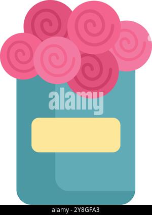 Blumenstrauß aus rosa Rosen in einer blauen Vase mit leerem Etikett, perfekt zum Personalisieren mit Ihrer eigenen Botschaft Stock Vektor