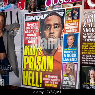 Sean Combs, alias Diddy, Puff Daddy und P. Diddy, auf dem Titelblatt der Zeitung National Enquirer. Der amerikanische Rapper und Musikmogul, der Grammy gewonnen hat. Stockfoto