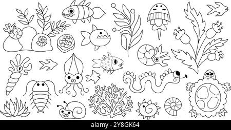 Vektor schwarz-weiß alte Fisch- und Meeresbewohner Set. Prähistorische Wassertierlinie Icons Kollektion. Illustrationen aus Dinosaurierzeit mit Schildkröte Stock Vektor