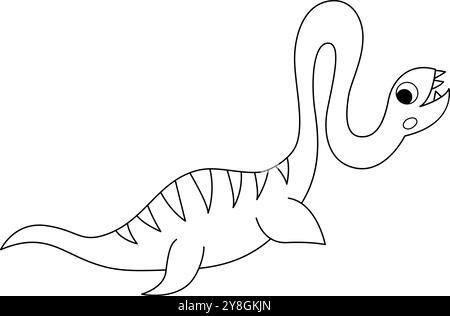 Vektor-Symbol aus schwarzem und weißem Elasmosaurus. Niedliche aquatische Dinosaurierlinie Illustration für Kinder. Lustiger Ozean Dino mit langem Hals isoliert auf weißem Hintergru Stock Vektor