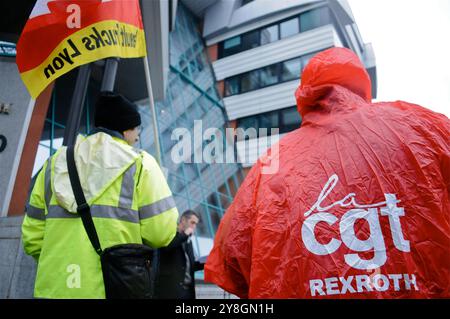 Demonstration der Arbeiter von CGT-Metallurgen im MEDEF-Hauptquartier in Lyon, Frankreich Stockfoto