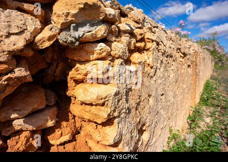 Mörtelwand, Erde und Steine, Llucmajor, Mallorca, Balearen, Spanien. Stockfoto