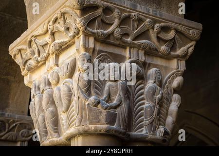 Geburt der Jungfrau Maria, restaurierte Hauptstadt, San Pedro el Viejo Kloster, Huesca, Aragon Gemeinde, Spanien. Stockfoto