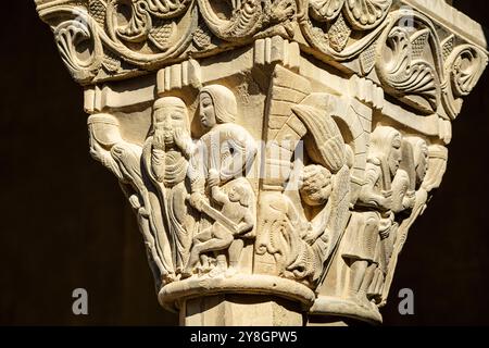 Massaker an den Unschuldigen, romanische Hauptstadt, Kloster San Pedro el Viejo, Huesca, Aragon Gemeinde, Spanien. Stockfoto