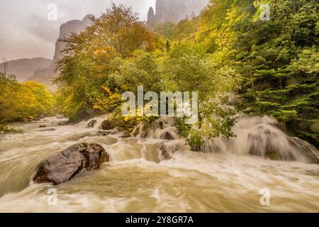 Grünen Korridor des Flusses Veral, westlichen Täler, Pyrenäen, Provinz Huesca, Aragón, Spanien, Europa. Stockfoto