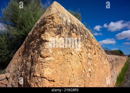 Mörtelwand, Erde und Steine, Llucmajor, Mallorca, Balearen, Spanien. Stockfoto