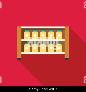Das Holzregal hält Gläser voller Konserven und wirft einen langen Schatten auf einem roten Hintergrund Stock Vektor