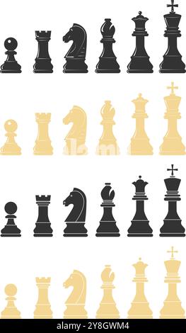 Schachfiguren Full Set Isoliert. Ein vollständiges Set weißer und schwarzer Schachfiguren einschließlich Bauern, Ritter, Turm, Bischof, König und Königin. Isoliert. Stock Vektor
