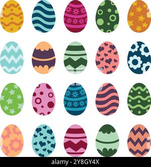 Ostereier Set Kollektion Gemalte Ei. Ein Set bemalter Ostereier mit verschiedenen Mustern. Herzen und Eier mit Blumenmuster. Stock Vektor